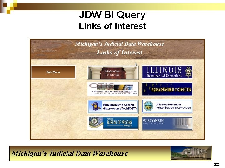 JDW BI Query Links of Interest Michigan’s Judicial Data Warehouse 23 