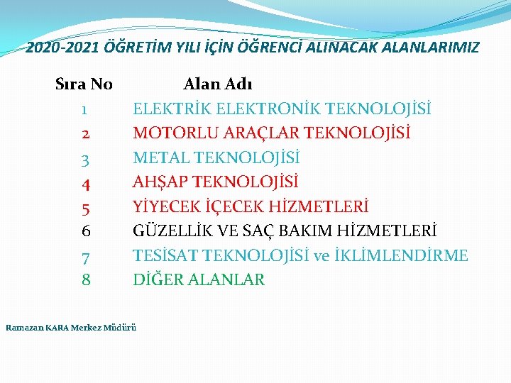 2020 -2021 ÖĞRETİM YILI İÇİN ÖĞRENCİ ALINACAK ALANLARIMIZ Sıra No 1 2 3 4