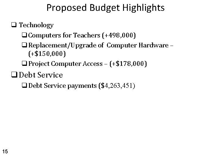 Proposed Budget Highlights q Technology q. Computers for Teachers (+498, 000) q. Replacement/Upgrade of