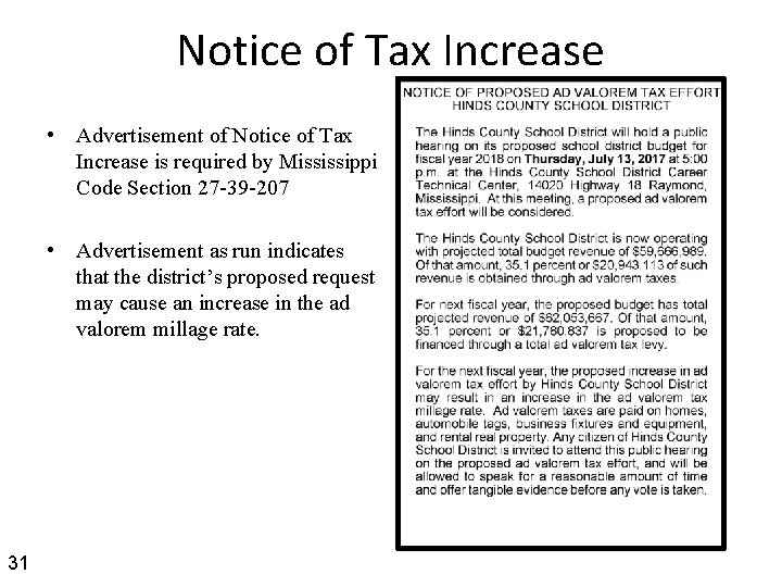 Notice of Tax Increase • Advertisement of Notice of Tax Increase is required by
