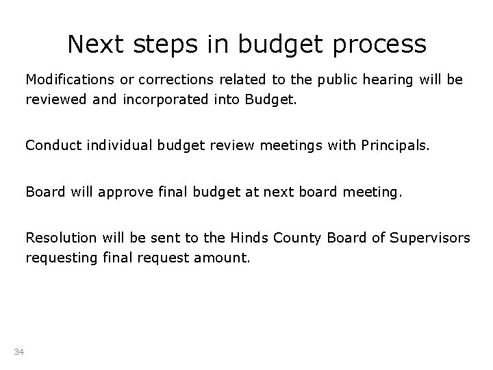 Next steps in budget process Modifications or corrections related to the public hearing will