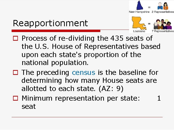 Reapportionment o Process of re-dividing the 435 seats of the U. S. House of