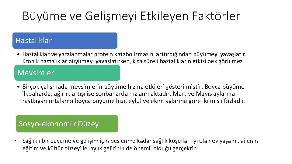 Büyüme ve Gelişmeyi Etkileyen Faktörler Hastalıklar • Hastalıklar ve yaralanmalar protein katabolizmasını arttırdığından büyümeyi