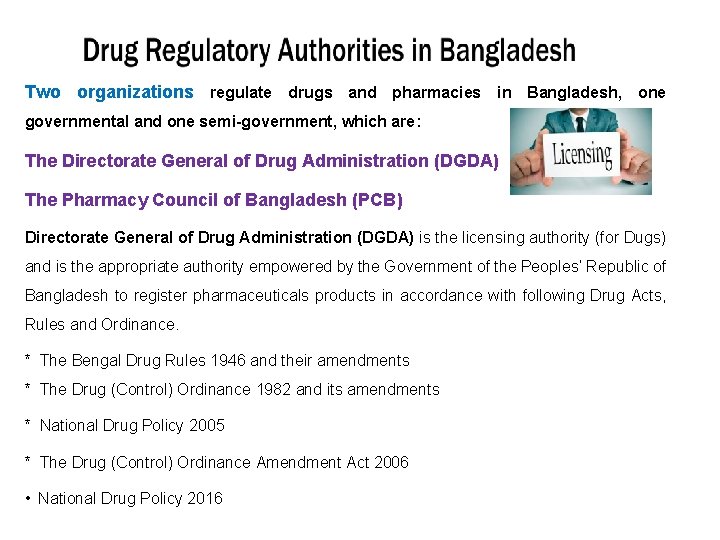 Two organizations regulate drugs and pharmacies in Bangladesh, one governmental and one semi-government, which