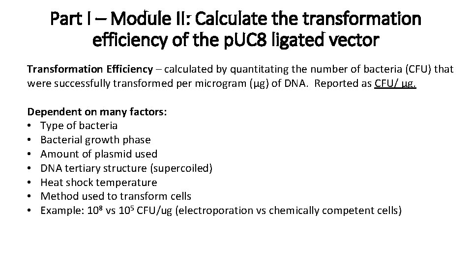 Part I – Module II: Calculate the transformation efficiency of the p. UC 8