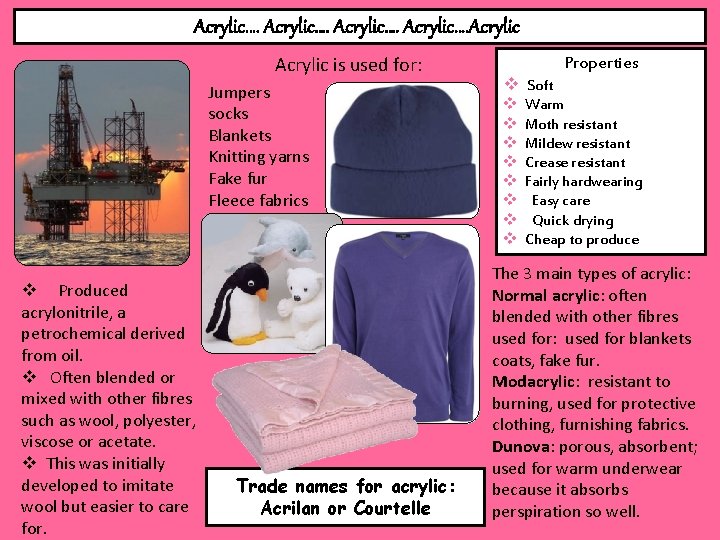 Acrylic…. Acrylic is used for: Jumpers socks Blankets Knitting yarns Fake fur Fleece fabrics