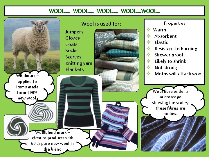 WOOL…. . WOOL… Wool is used for: Jumpers Gloves Coats Socks Scarves Knitting yarn