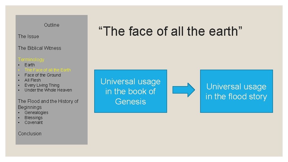 Outline The Issue “The face of all the earth” The Biblical Witness Terminology •