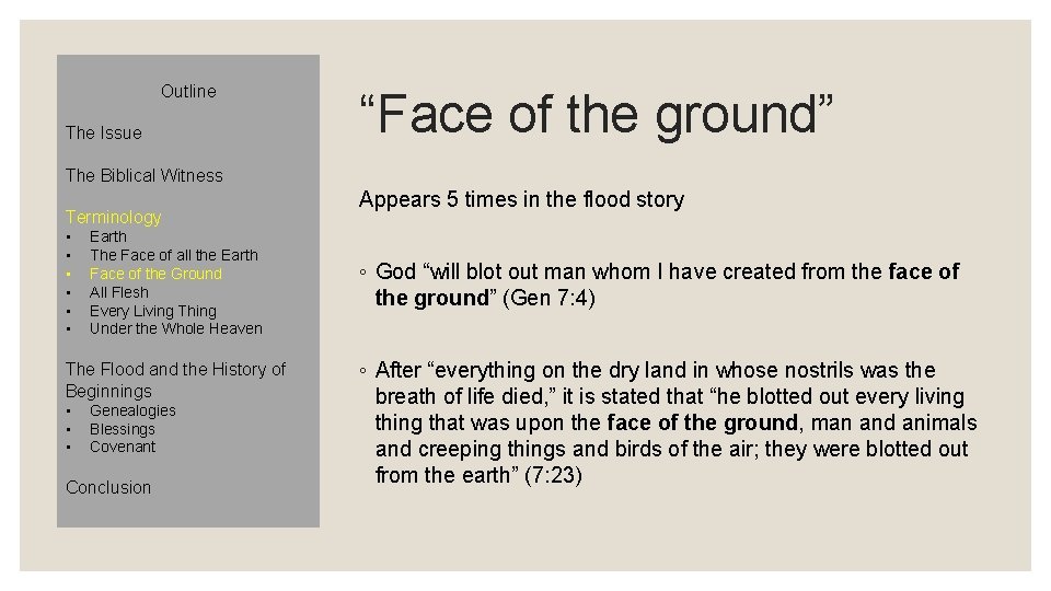 Outline The Issue “Face of the ground” The Biblical Witness Terminology • • •