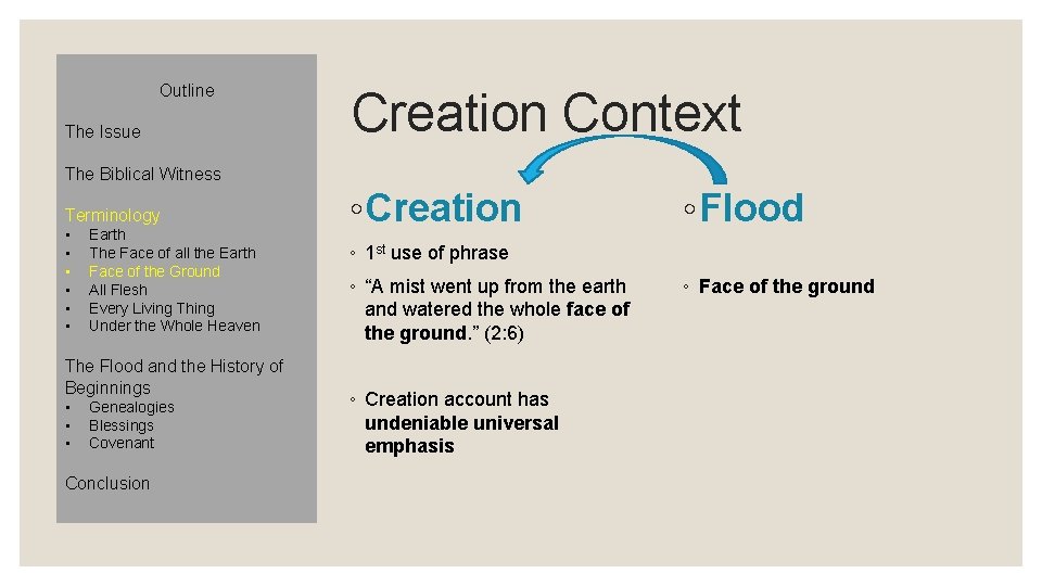 Outline The Issue Creation Context The Biblical Witness Terminology • • • Earth The