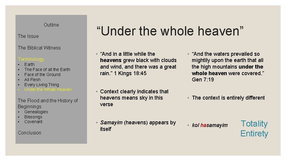 Outline The Issue “Under the whole heaven” The Biblical Witness Terminology • • •