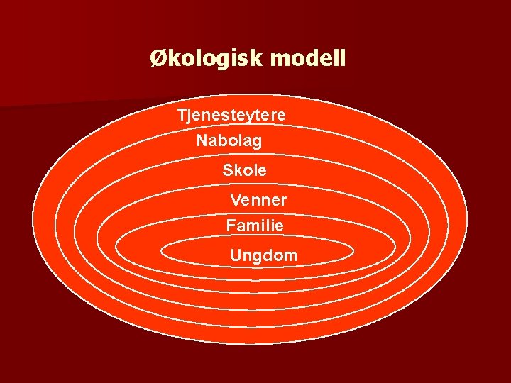 Økologisk modell Tjenesteytere Nabolag Skole Venner Familie Ungdom 