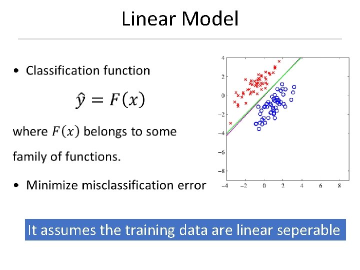 Linear Model It assumes the training data are linear seperable Linear Model It assumes the training data are linear seperable
