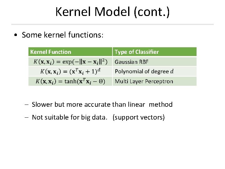 Kernel Model (cont. ) • Some kernel functions: Kernel Function Type of Classifier Gaussian Kernel Model (cont. ) • Some kernel functions: Kernel Function Type of Classifier Gaussian