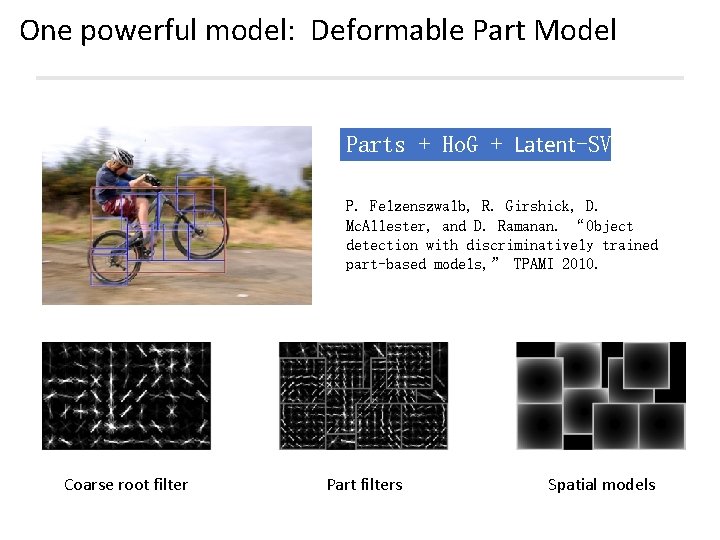One powerful model: Deformable Part Model Parts + Ho. G + Latent-SVM P. Felzenszwalb, One powerful model: Deformable Part Model Parts + Ho. G + Latent-SVM P. Felzenszwalb,