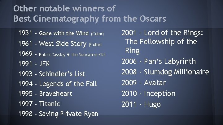 Other notable winners of Best Cinematography from the Oscars 1931 - Gone with the