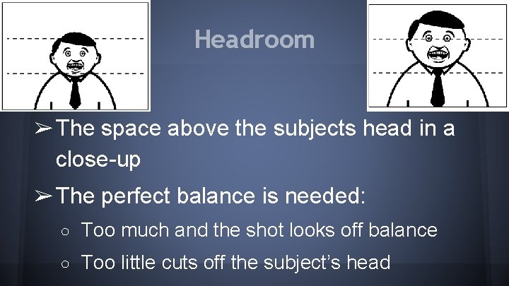 Headroom ➢ The space above the subjects head in a close-up ➢ The perfect