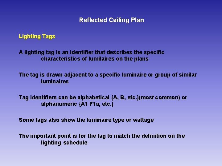 Reflected Ceiling Plan Lighting Tags A lighting tag is an identifier that describes the