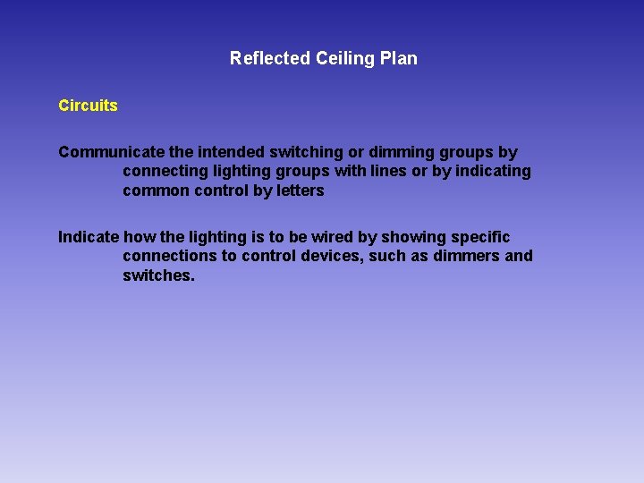 Reflected Ceiling Plan Circuits Communicate the intended switching or dimming groups by connecting lighting