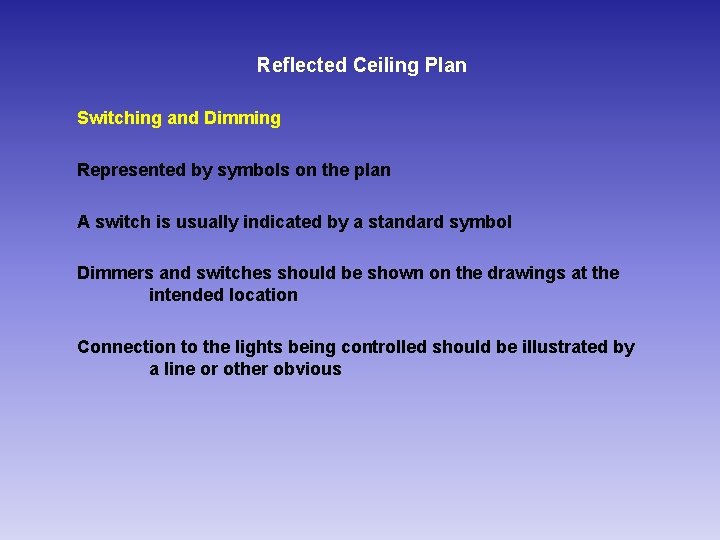 Reflected Ceiling Plan Switching and Dimming Represented by symbols on the plan A switch