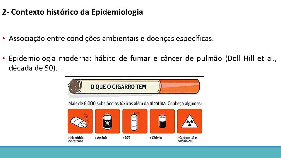 2 - Contexto histórico da Epidemiologia • Associação entre condições ambientais e doenças específicas.