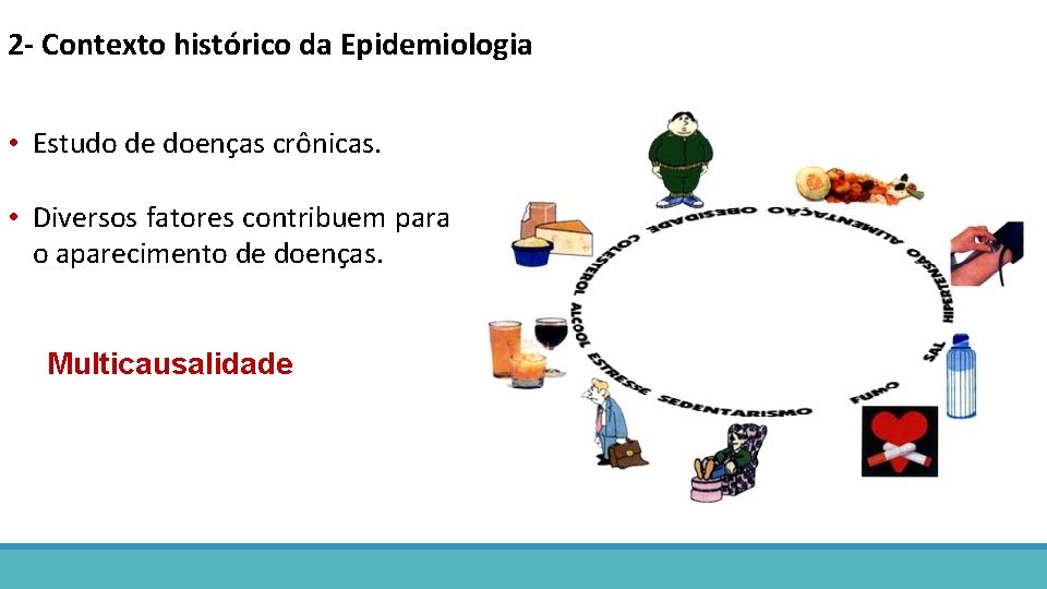 2 - Contexto histórico da Epidemiologia • Estudo de doenças crônicas. • Diversos fatores