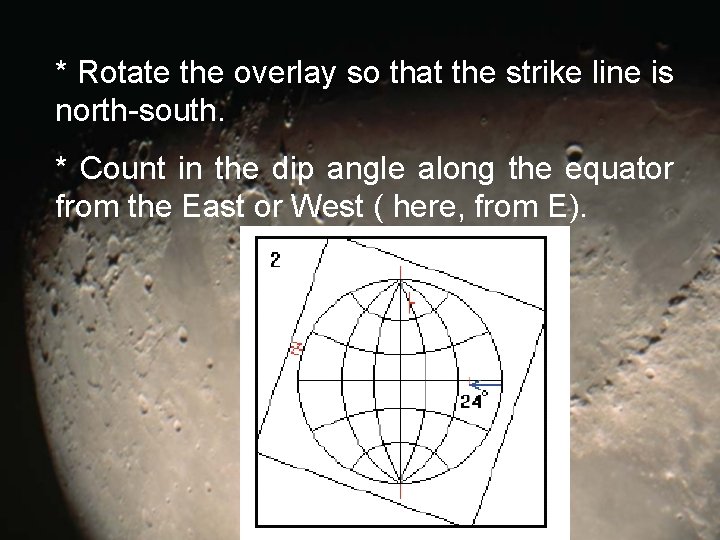 * Rotate the overlay so that the strike line is north-south. * Count in