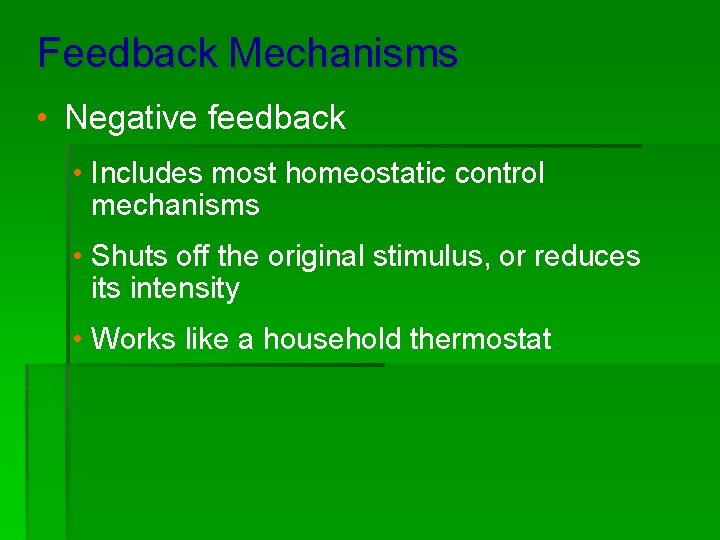 Feedback Mechanisms • Negative feedback • Includes most homeostatic control mechanisms • Shuts off