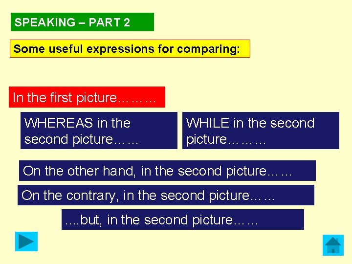 SPEAKING – PART 2 Some useful expressions for comparing: In the first picture……… WHEREAS