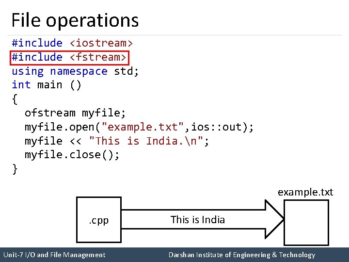 File operations #include <iostream> #include <fstream> using namespace std; int main () { ofstream