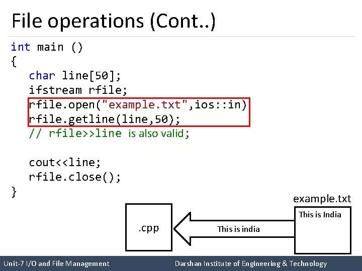 File operations (Cont. . ) int main () { char line[50]; ifstream rfile; rfile.