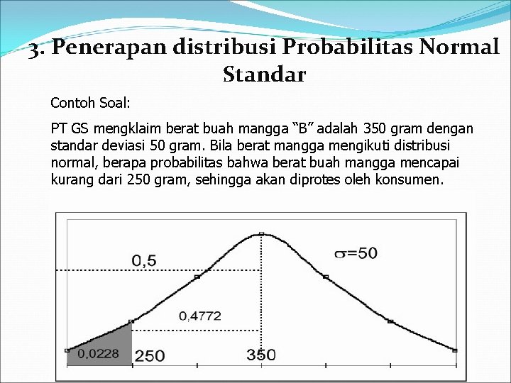 3. Penerapan distribusi Probabilitas Normal Standar Contoh Soal: PT GS mengklaim berat buah mangga