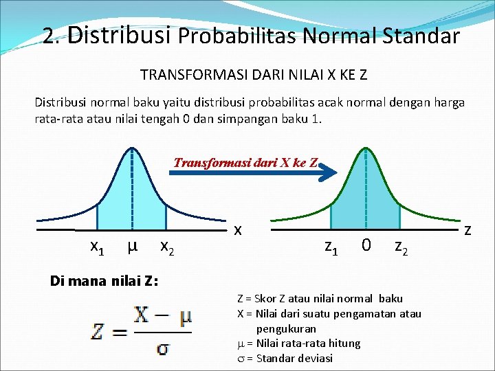 2. Distribusi Probabilitas Normal Standar TRANSFORMASI DARI NILAI X KE Z Distribusi normal baku