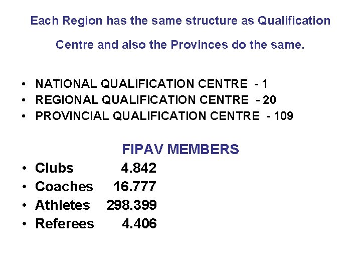 Each Region has the same structure as Qualification Centre and also the Provinces do