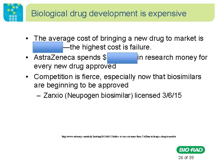 Biological drug development is expensive • The average cost of bringing a new drug