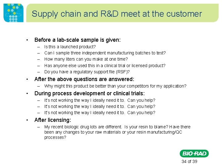 Supply chain and R&D meet at the customer • Before a lab-scale sample is