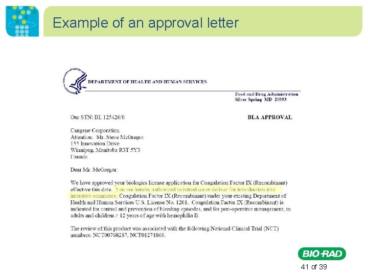 Example of an approval letter 41 of 39 