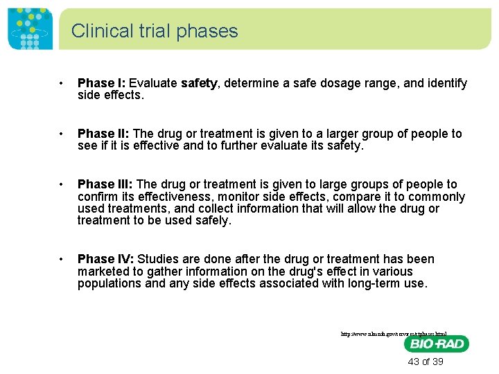 Clinical trial phases • Phase I: Evaluate safety, determine a safe dosage range, and