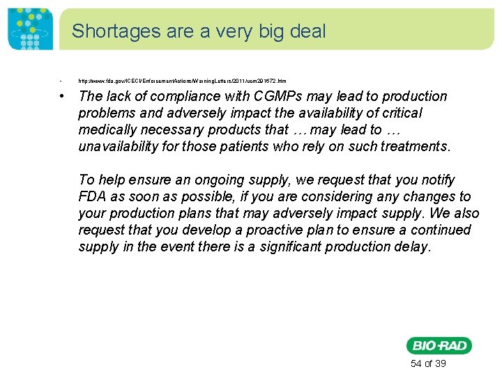 Shortages are a very big deal • http: //www. fda. gov/ICECI/Enforcement. Actions/Warning. Letters/2011/ucm 291672.