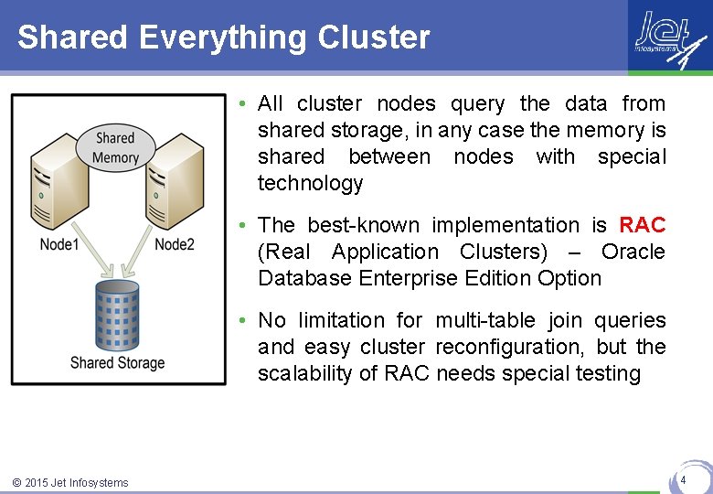 Shared Everything Cluster • All cluster nodes query the data from shared storage, in