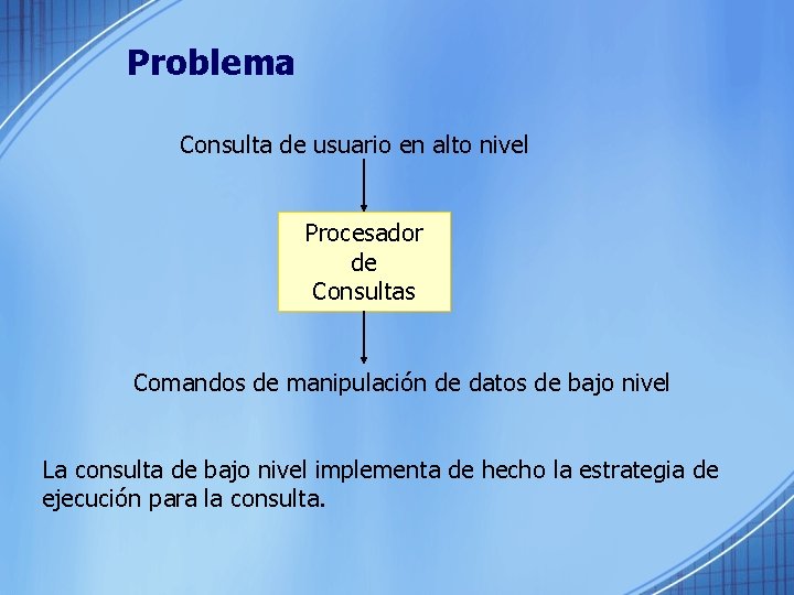 Problema Consulta de usuario en alto nivel Procesador de Consultas Comandos de manipulación de