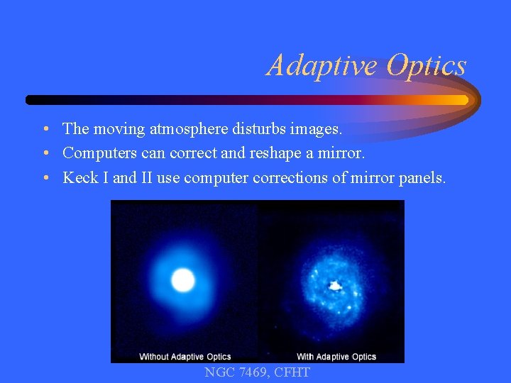 Adaptive Optics • The moving atmosphere disturbs images. • Computers can correct and reshape