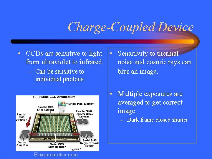 Charge-Coupled Device • CCDs are sensitive to light • Sensitivity to thermal from ultraviolet