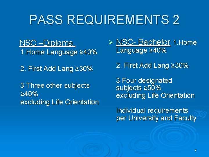 PASS REQUIREMENTS 2 NSC –Diploma Ø NSC- Bachelor 1. Home Language ≥ 40% 2.