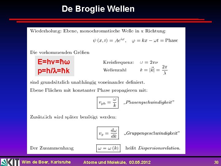 De Broglie Wellen E=hv=ħω p=h/ =ħk Wim de Boer, Karlsruhe Atome und Moleküle, 03.