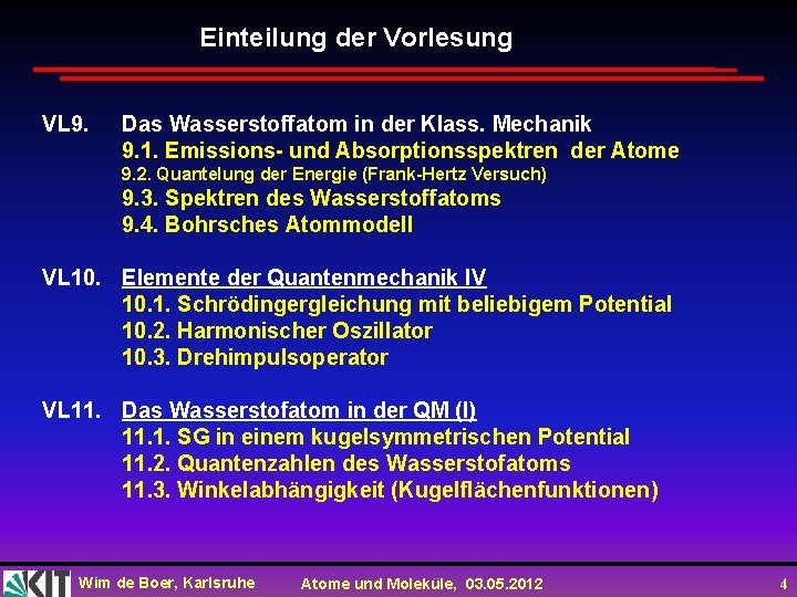 Einteilung der Vorlesung VL 9. Das Wasserstoffatom in der Klass. Mechanik 9. 1. Emissions-