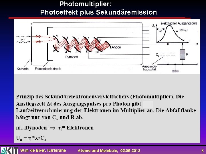 Photomultiplier: Photoeffekt plus Sekundäremission Wim de Boer, Karlsruhe Atome und Moleküle, 03. 05. 2012