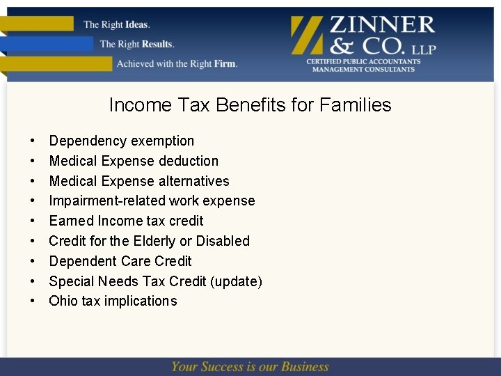 Income Tax Benefits for Families • • • Dependency exemption Medical Expense deduction Medical