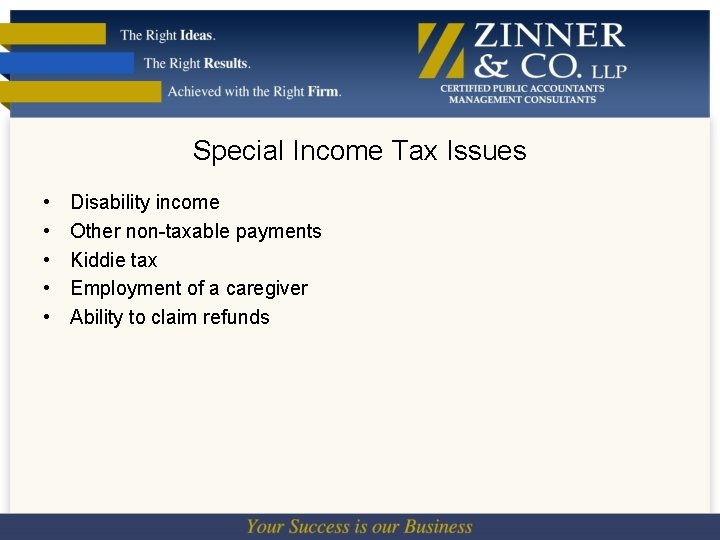 Special Income Tax Issues • • • Disability income Other non-taxable payments Kiddie tax