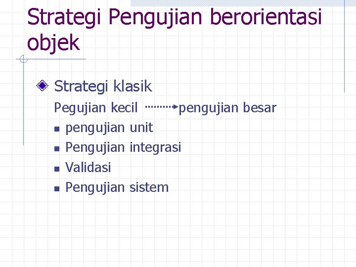 Strategi Pengujian berorientasi objek Strategi klasik Pegujian kecil pengujian besar n pengujian unit n